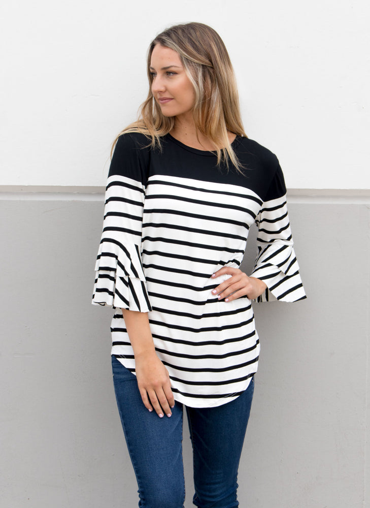 Double Ruffle Stripe Color Block Top - Black - Tickled Teal LLC