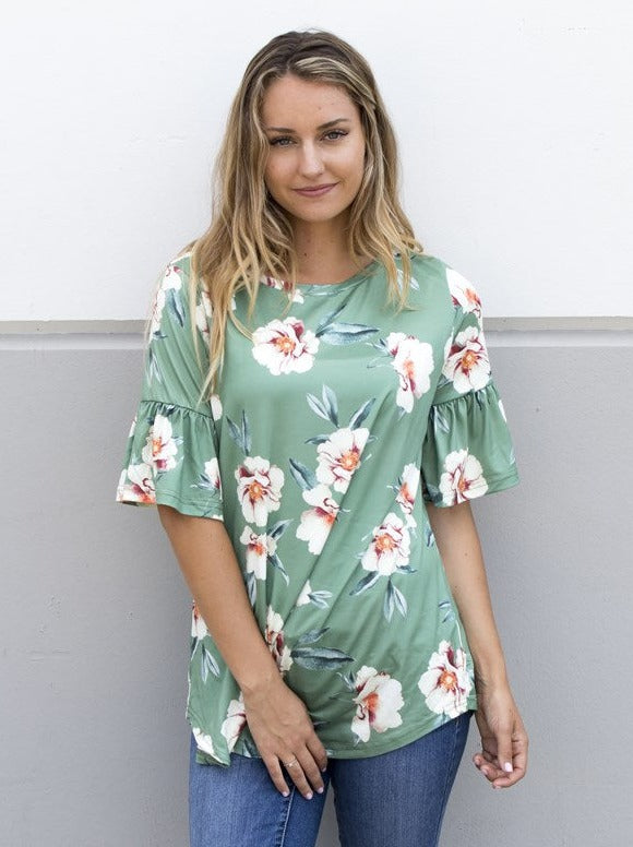 Floral Flare Sleeve Top - Green - Tickled Teal LLC