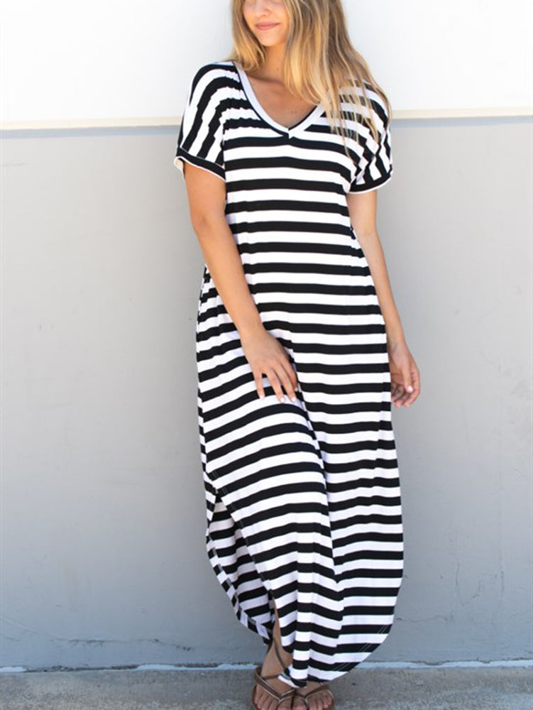 Striped Relaxed Maxi Dress - Black