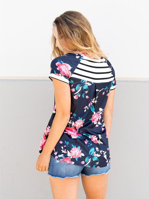 Striped Floral Tunic - Navy - Tickled Teal LLC