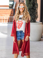 3/4 Sleeve Lace Trim Cardigan - Cranberry