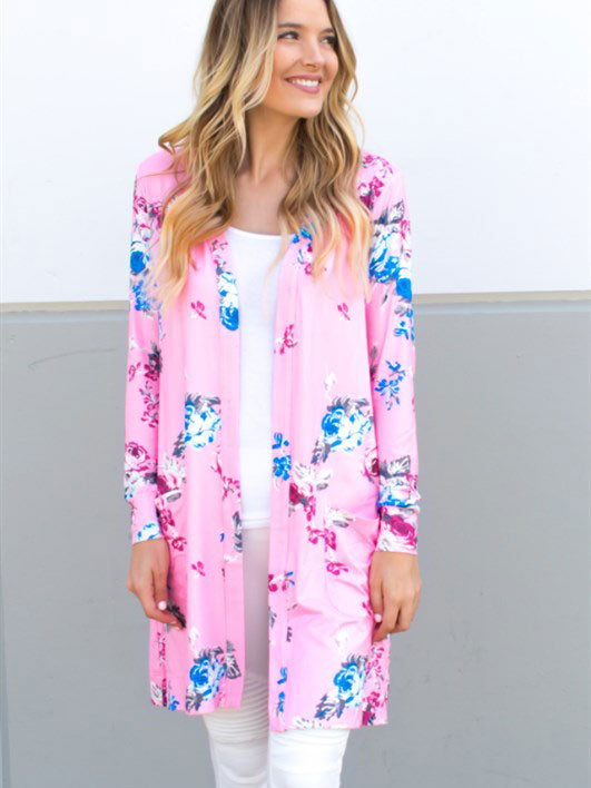 Bright Floral Long Sleeve Cardigan - Pink