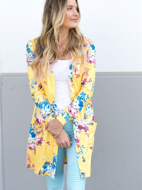 Bright Floral Long Sleeve Cardigan - Yellow