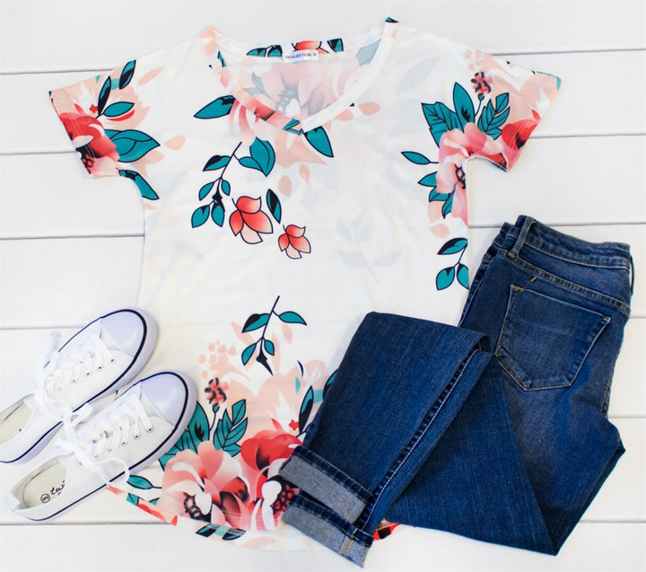 Floral V-Neck Tunic -  White - Tickled Teal LLC