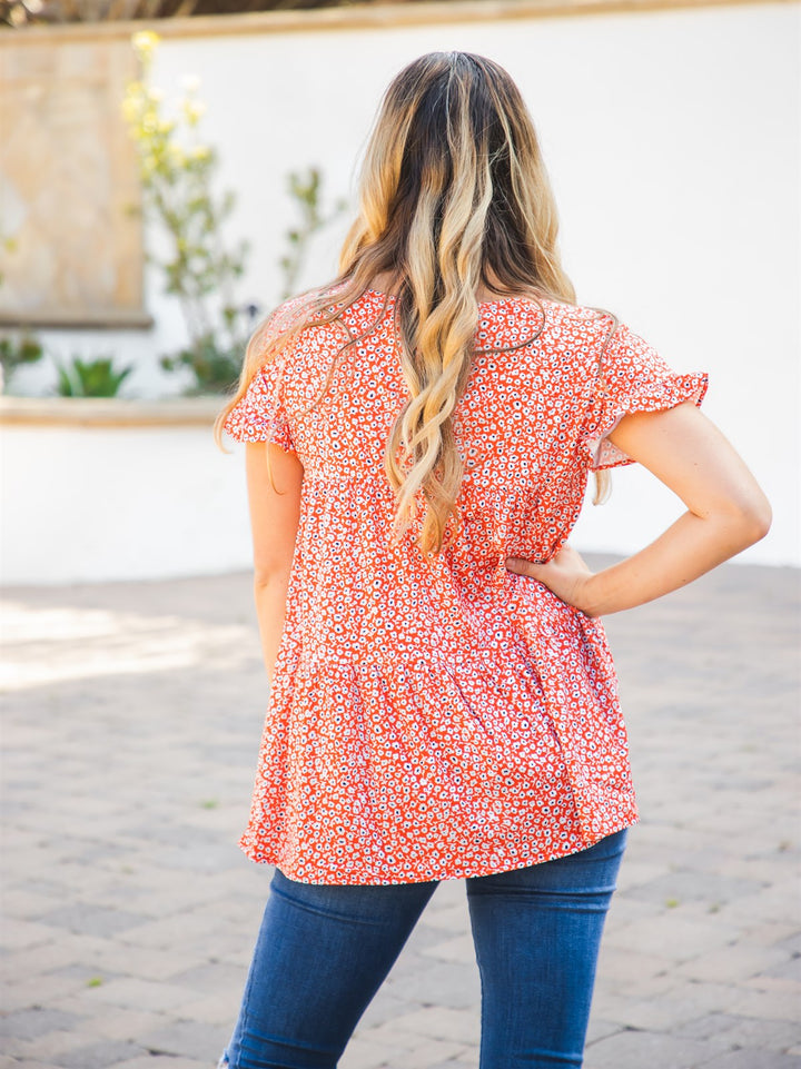 The Michelle Babydoll Top - Red/Orange Floral