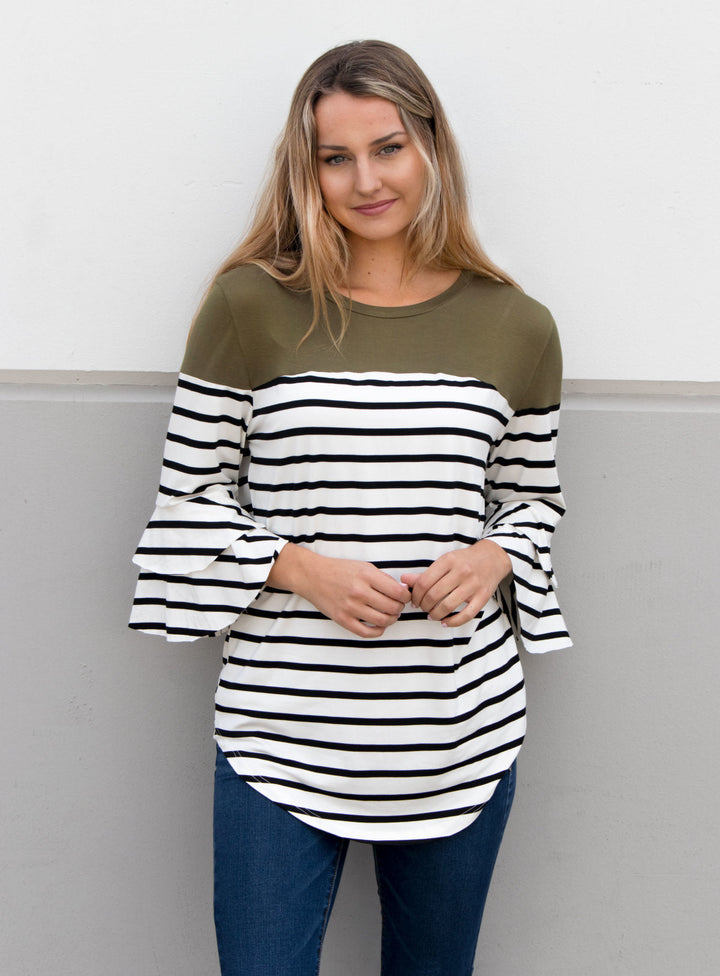 Double Ruffle Stripe Color Block Top - Olive - Tickled Teal LLC