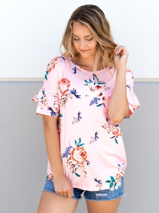 Ruffle Sleeve Floral Tunic - Blush Pink - Tickled Teal LLC
