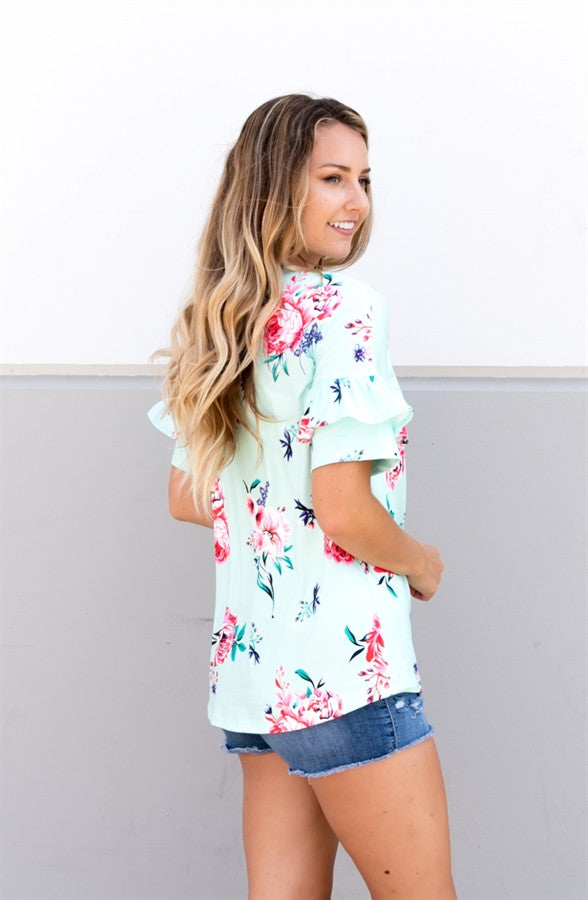 Ruffle Sleeve Floral Tunic - Mint - Tickled Teal LLC
