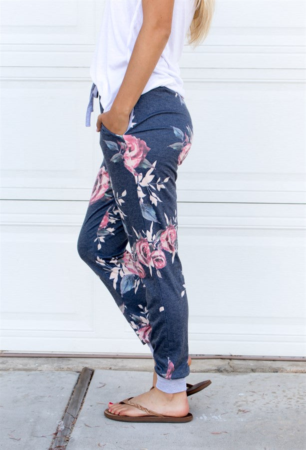 Floral Jogger Pants - Charcoal - Tickled Teal LLC