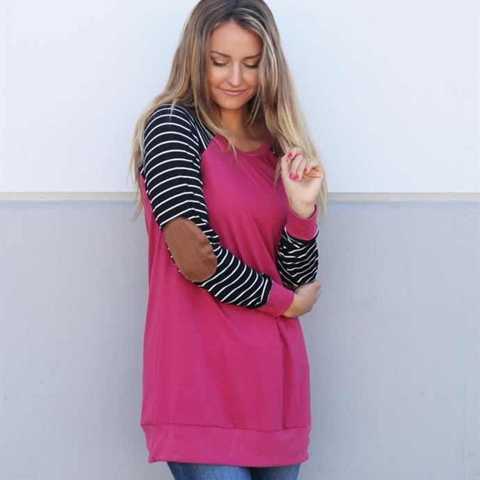 Stripe Elbow Patch Contrast Tunic - Tickled Teal LLC