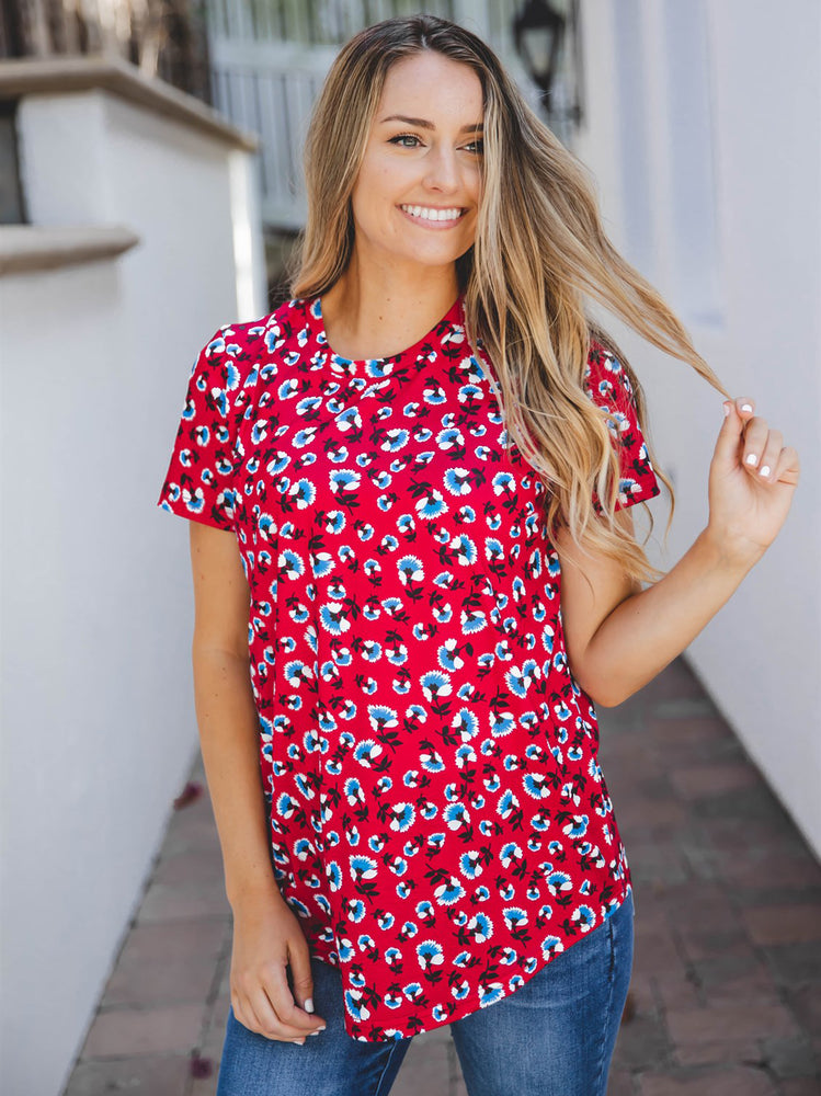 Floral Short Sleeve Mia Top - Red Blue Floral