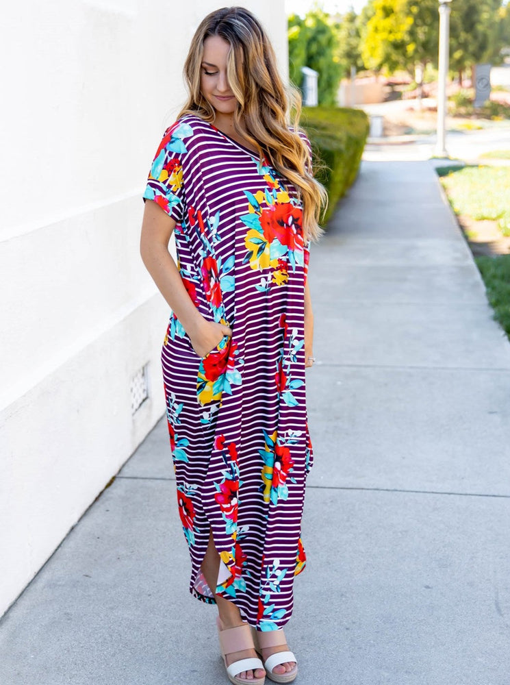 Striped Floral Relaxed Maxi Dress - Purple
