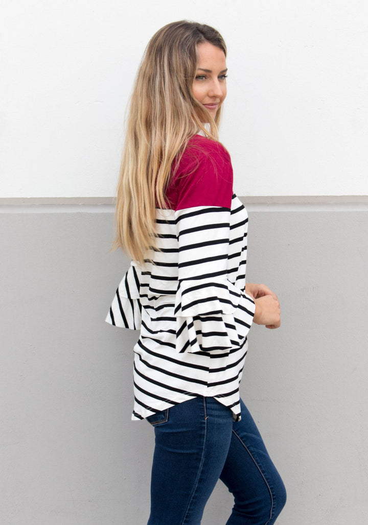 Double Ruffle Stripe Color Block Top - Cranberry - Tickled Teal LLC