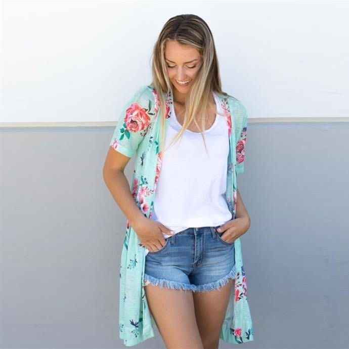 Floral Short Sleeve Sheer Knit Cardigan