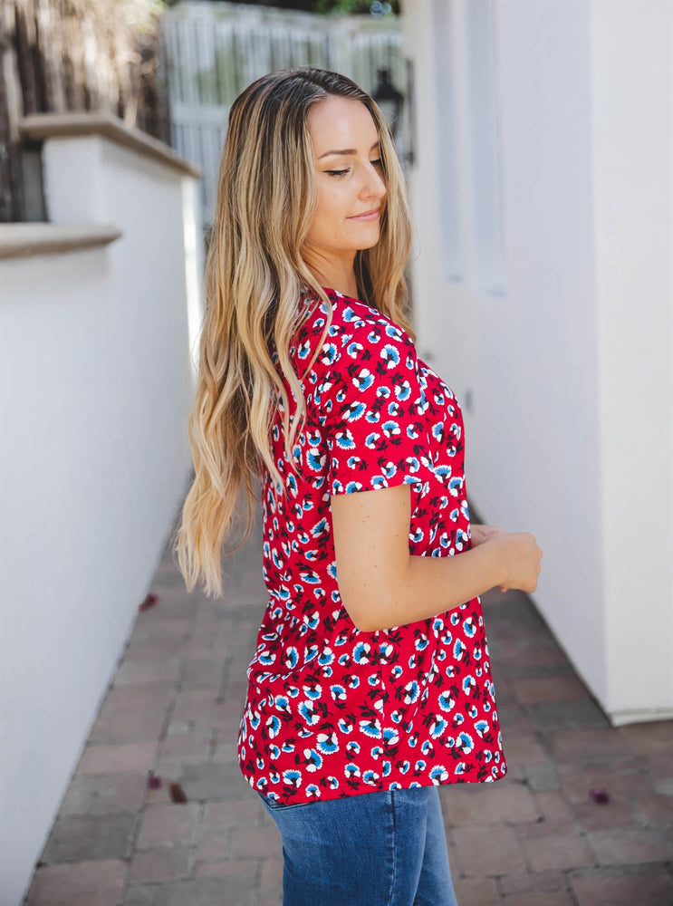 Floral Short Sleeve Mia Top - Red Blue Floral