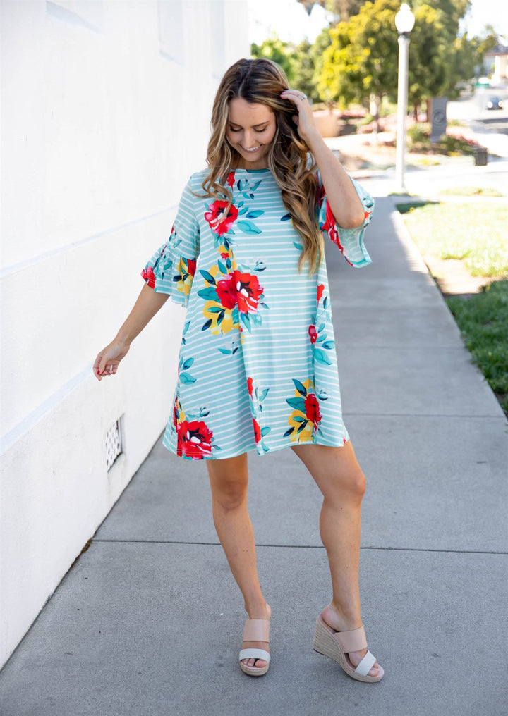 Stripe & Floral Bell Sleeve Gemma Dress