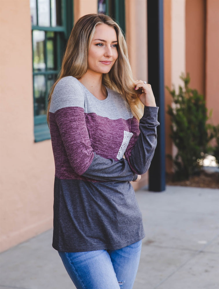 The Lace Pocket Colorblock Top - Gray/Purple/Charcoal