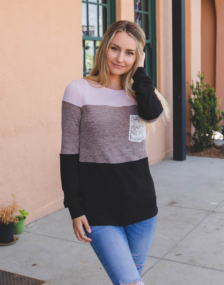 The Lace Pocket Colorblock Top - Pink/Brown/Black