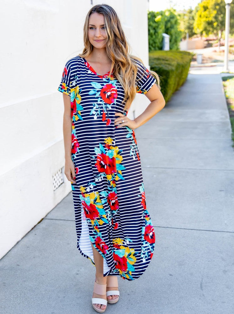 Striped Floral Relaxed Maxi Dress - Navy