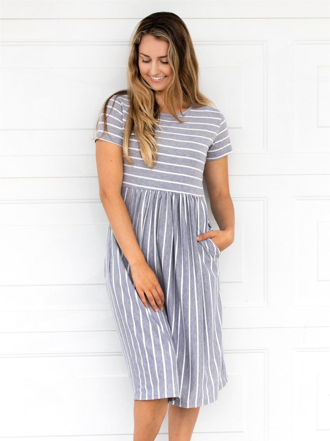 Striped Midi Dress - Gray