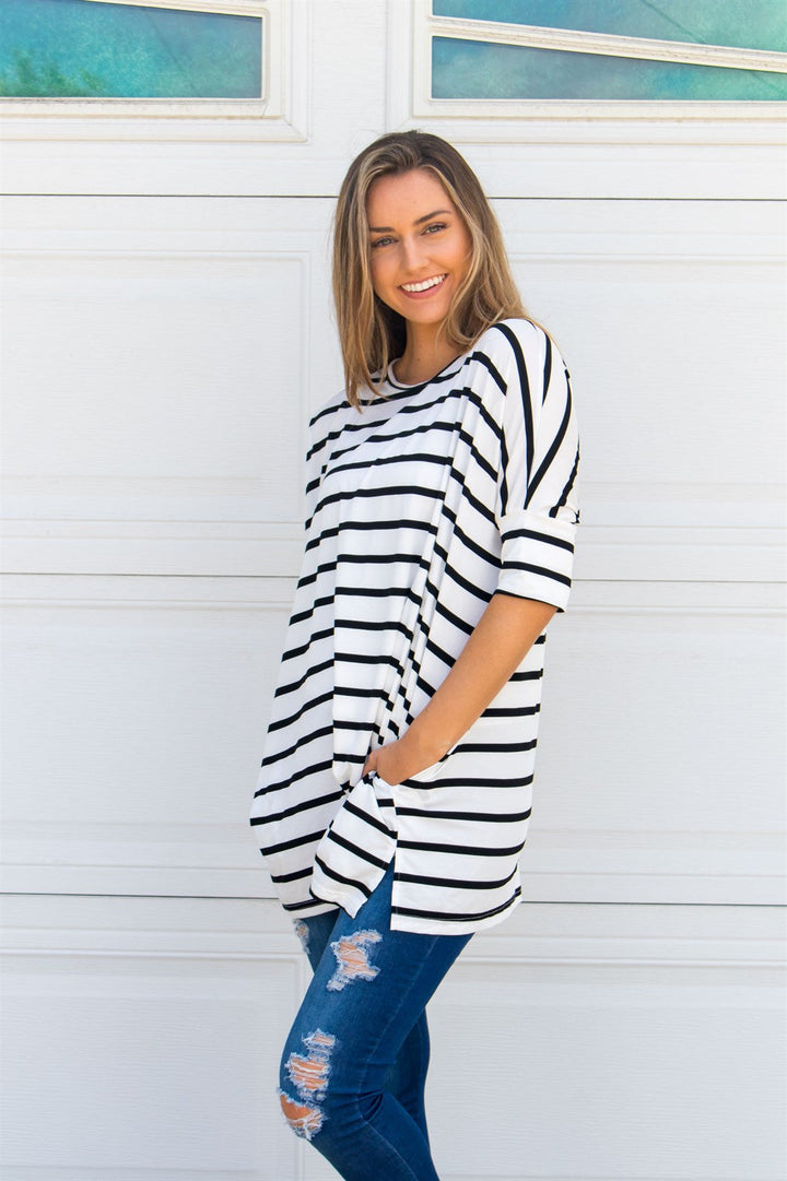 Stripe Side Pocket Tunic - White - Tickled Teal LLC