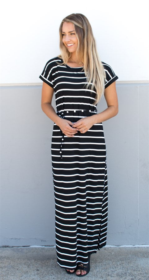 Cuffed Sleeve Striped Maxi Dress