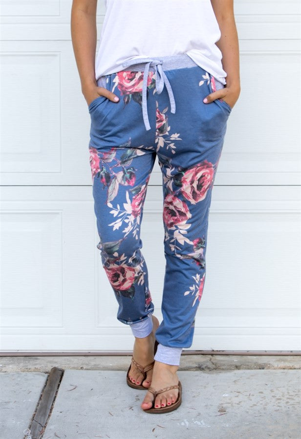 Floral Jogger Pants - Blue - Tickled Teal LLC