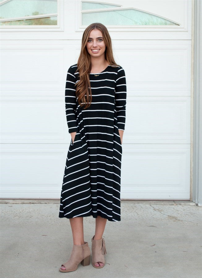 Striped Swing Dress - Black