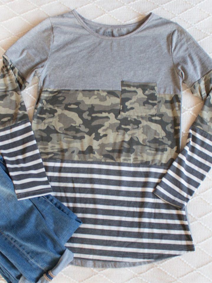 Stripe and Camo Colorblock Top