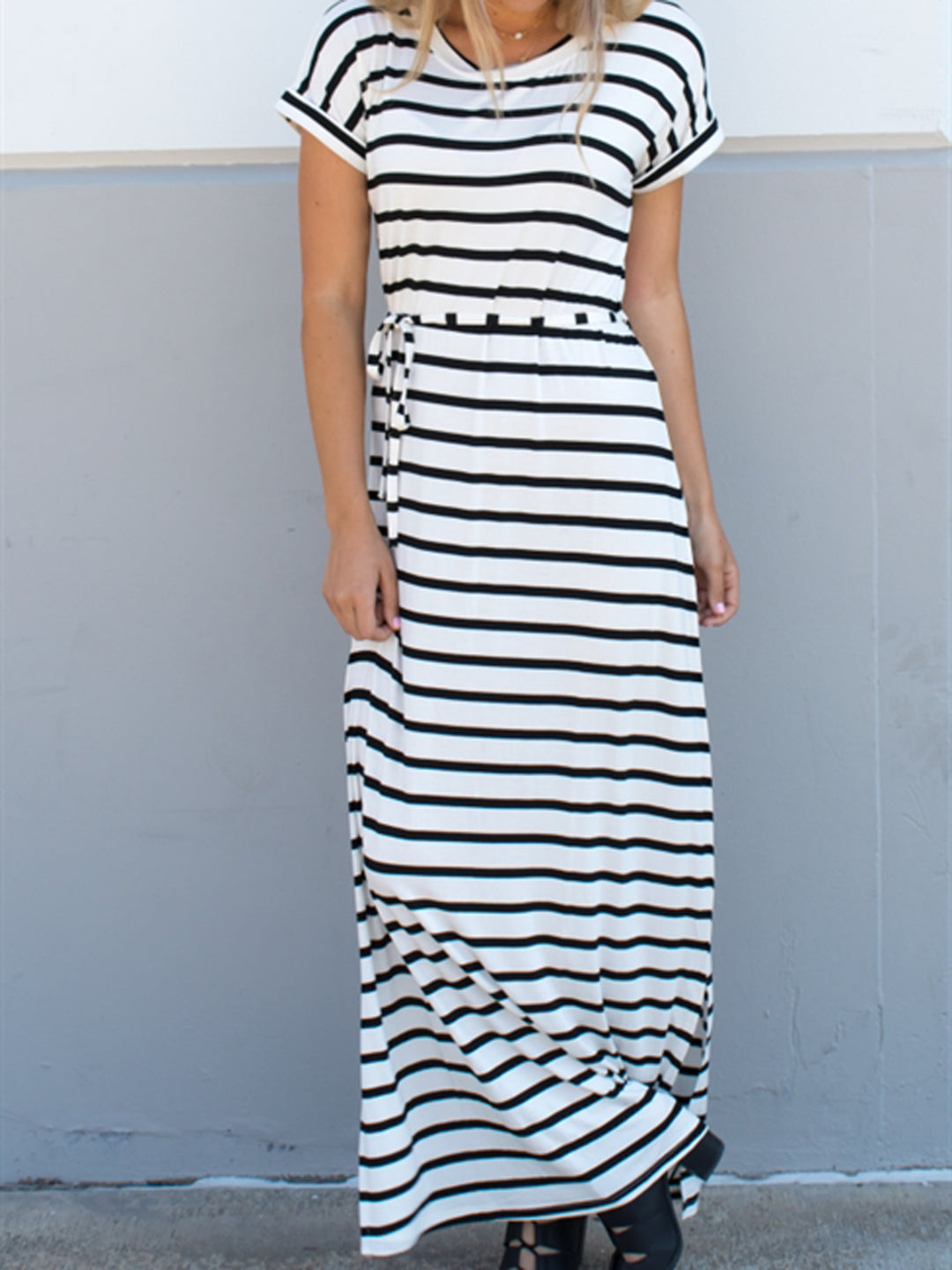 Cuffed Sleeve Striped Maxi Dress X-Large / White Cuffed Sleeve Striped Maxi Dress X-Large / White