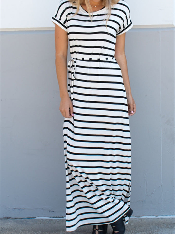 Cuffed Sleeve Striped Maxi Dress