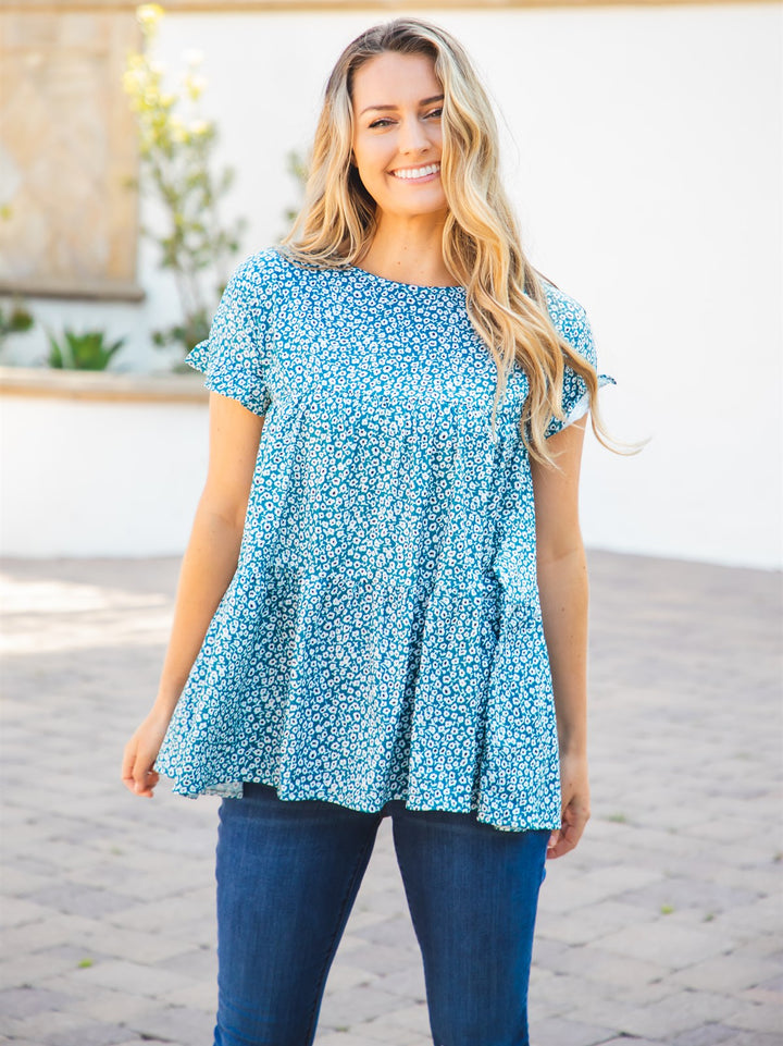 The Michelle Babydoll Top - Blue Floral