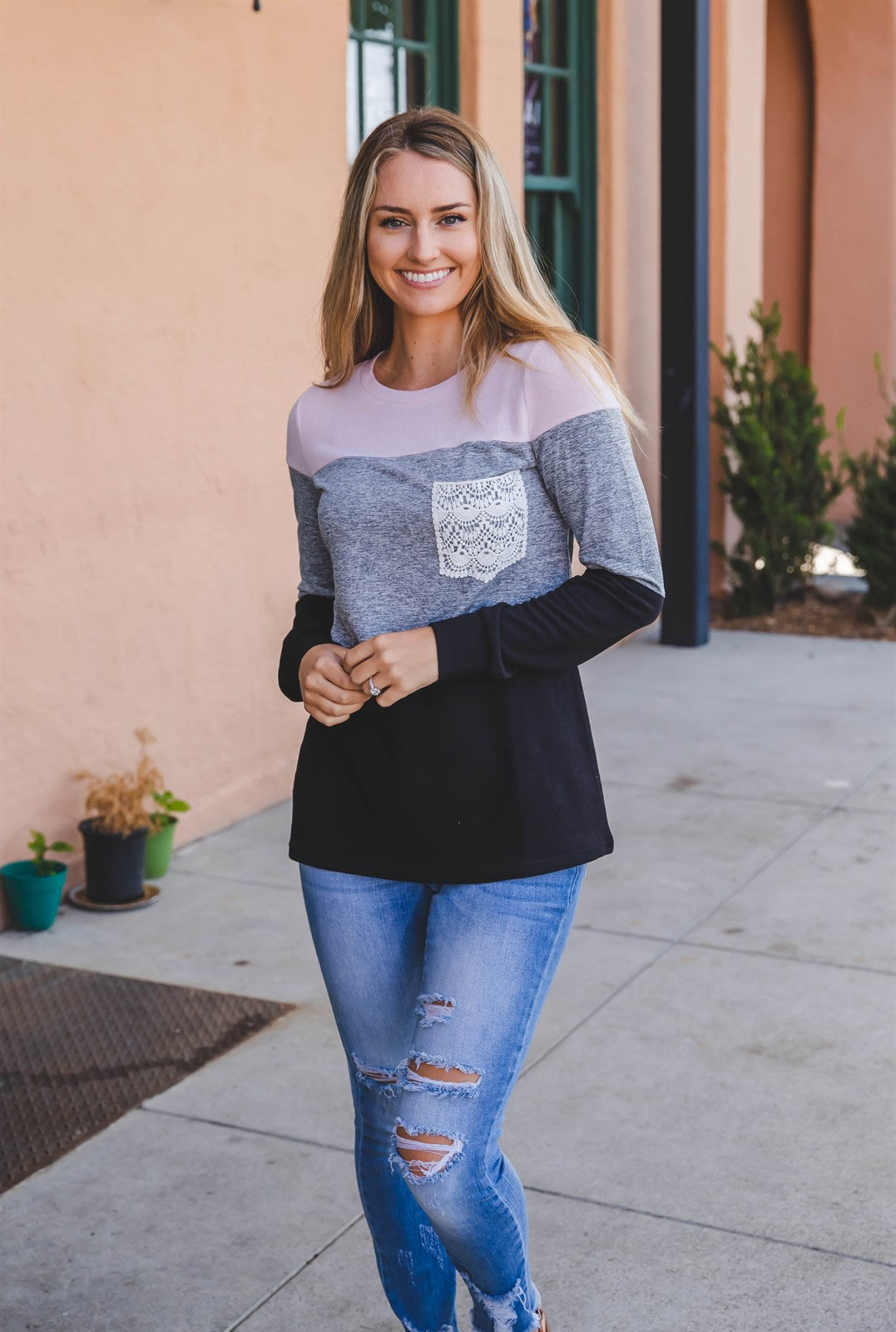 The Lace Pocket Colorblock Top