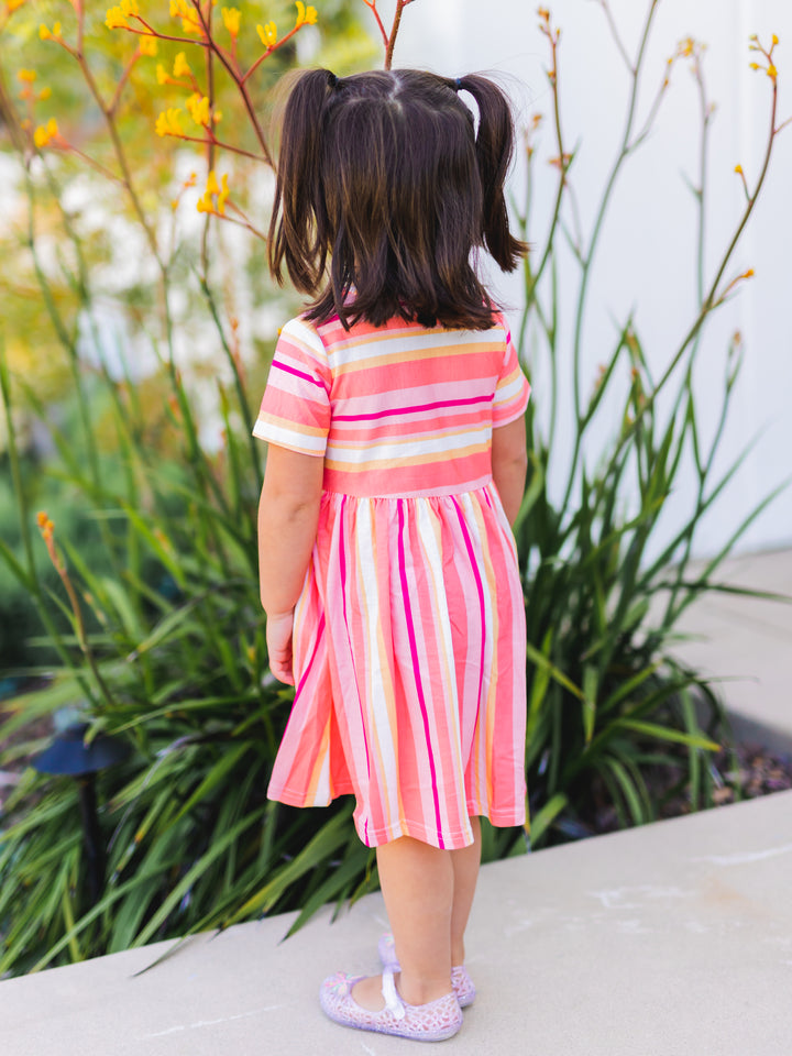 Girls Striped Dress - Pink/yellow