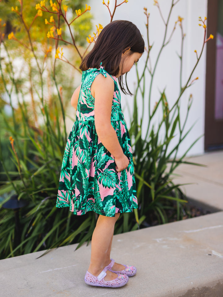 Girls -  Knotted Shoulder Tank Dress - Pink Tropical