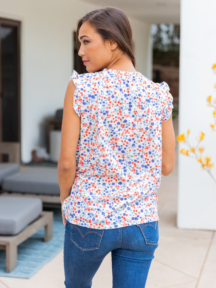 Perfect Ruffle Blouse - Blue/Red Floral