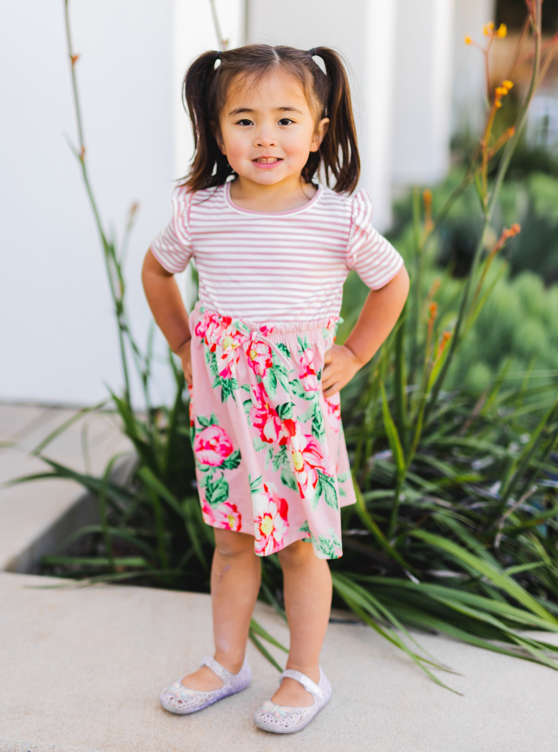 Girls Stripe Floral Dress - Pink – Tickled Teal LLC