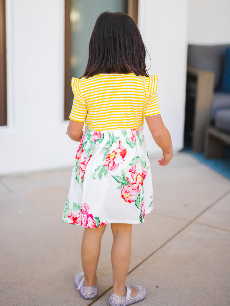 Girls Stripe Floral Dress - Yellow