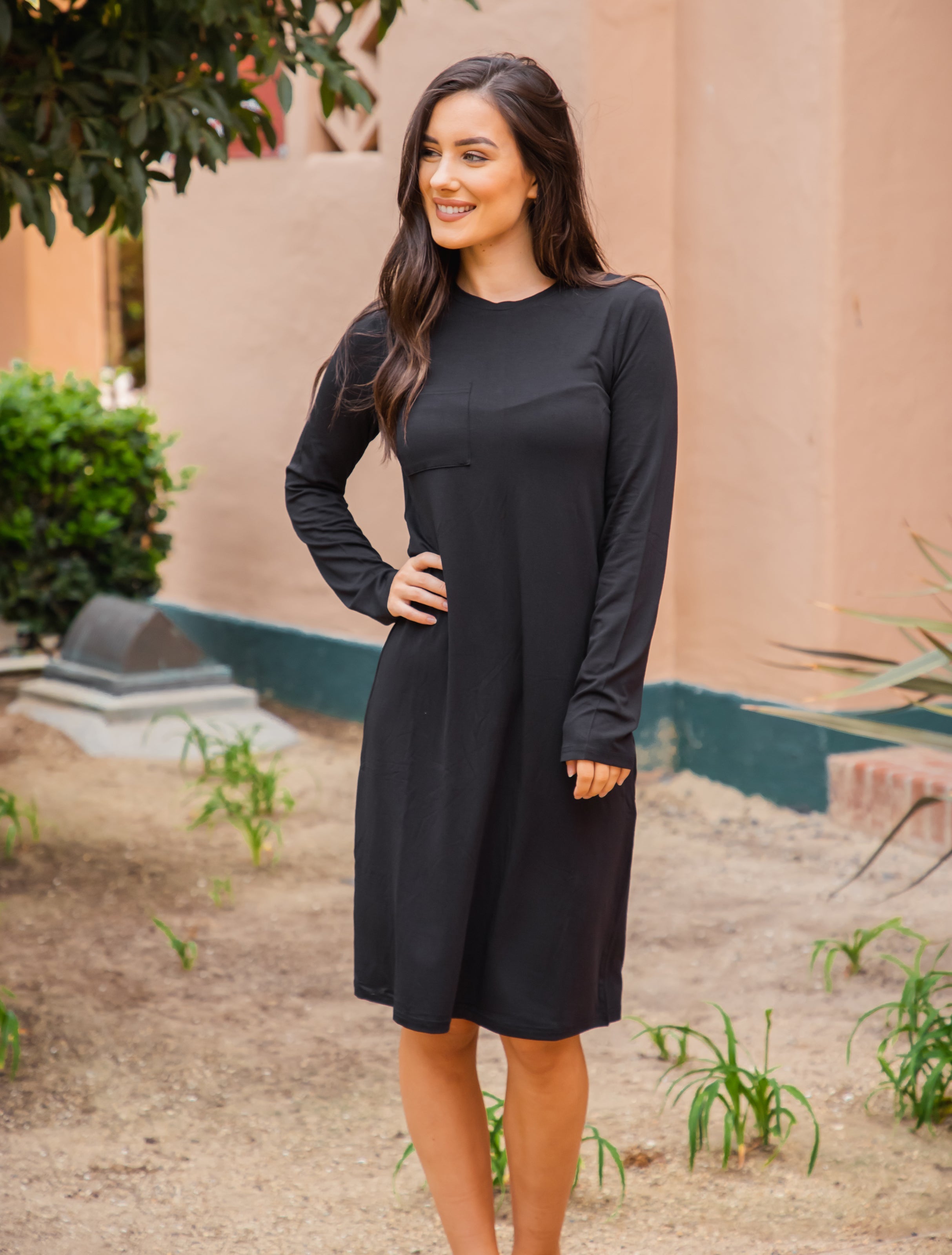 Black Long Sleeve Pocket Dress Tickled Teal LLC