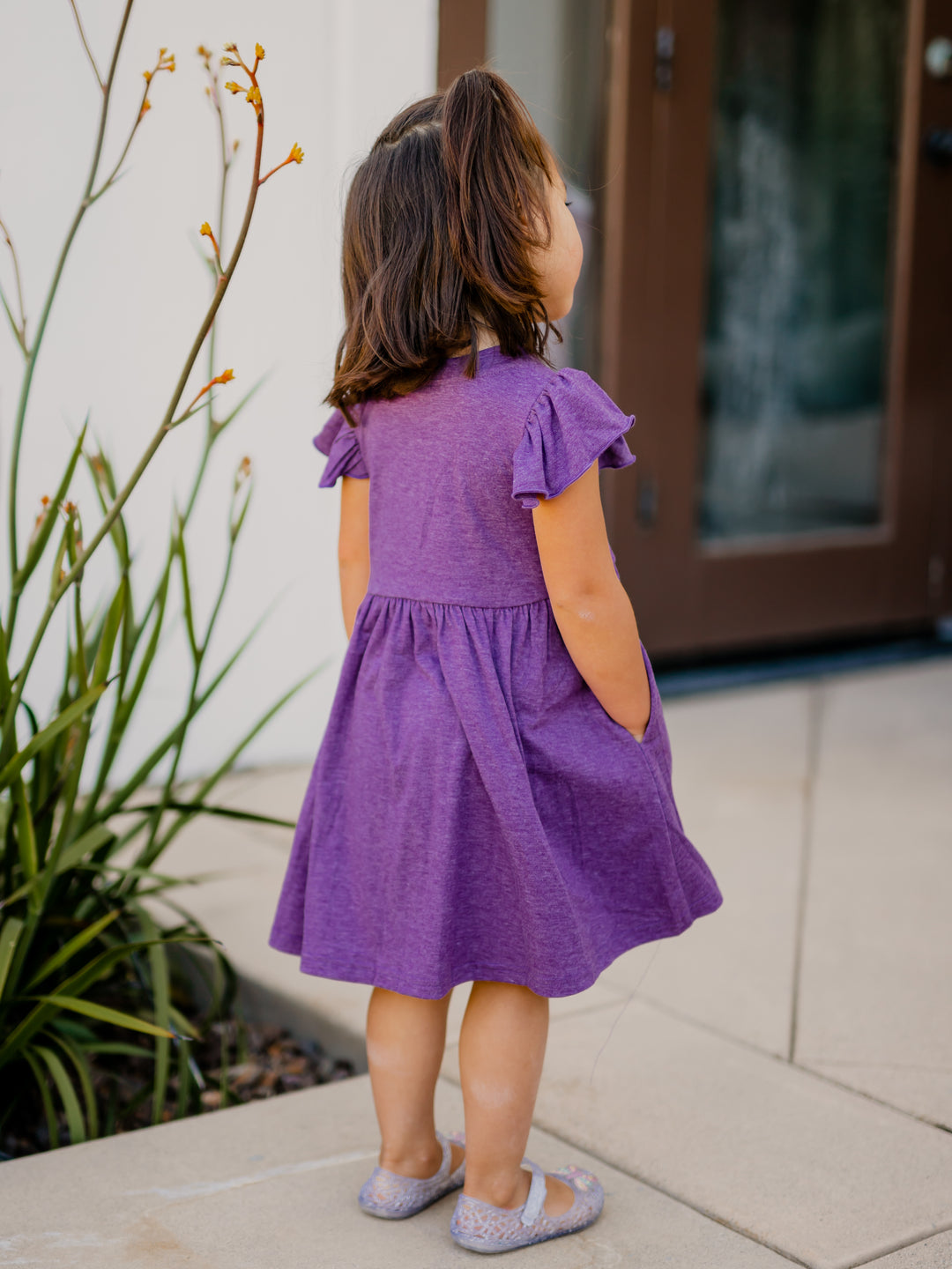 Girls Ruffle Sleeve Dress - Purple