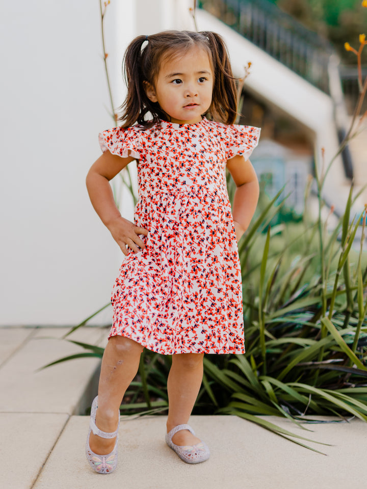 Girls Ruffle Sleeve Dress - Small Red Floral