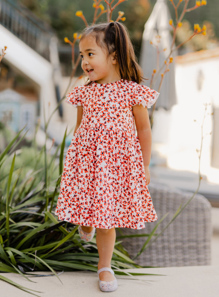 Girls Ruffle Sleeve Dress - Small Red Floral