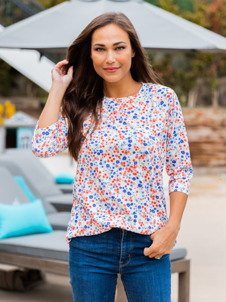3/4 Sleeve Floral Top - Blue Red Floral