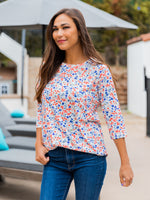 3/4 Sleeve Floral Top - Blue Red Floral