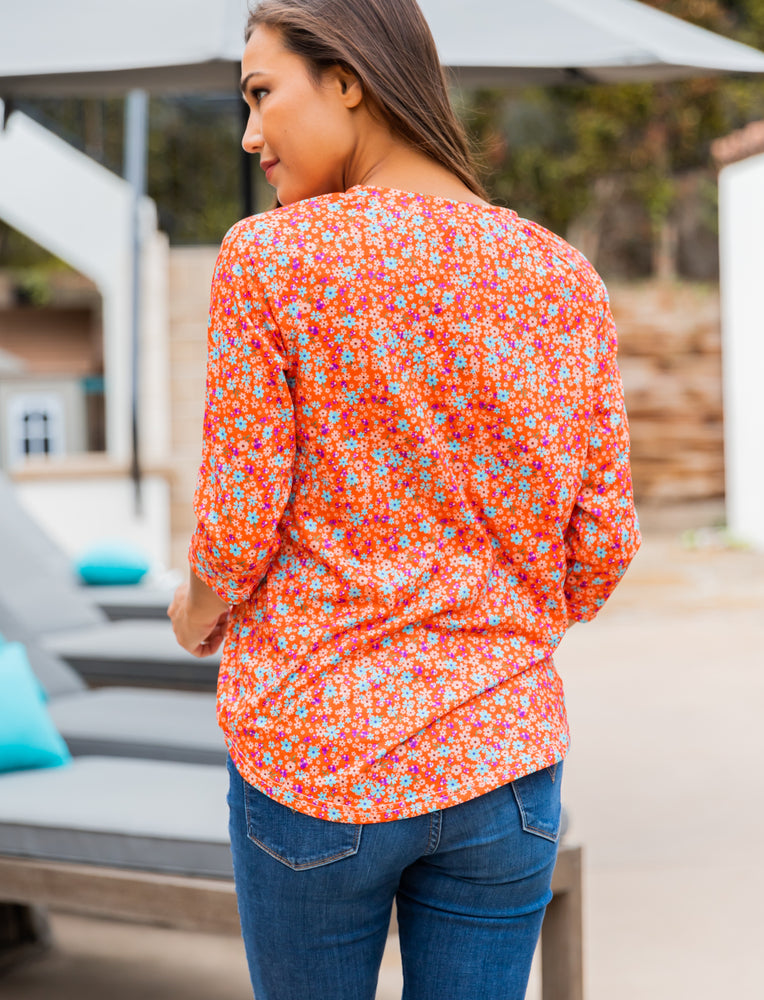 3/4 Sleeve Floral Top - Orange background floral