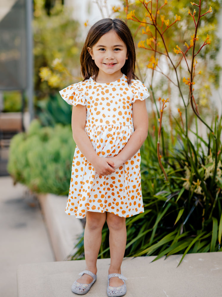 Girls Ruffle Sleeve Dress - White Orange Pattern