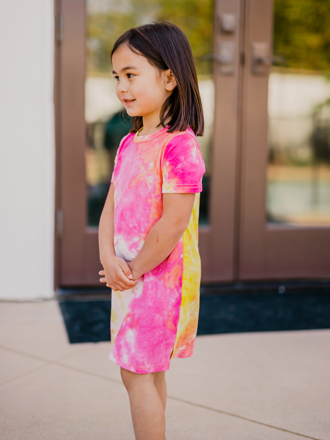 Girls t-shirt Dress - Pink/Yellow Tie Dye