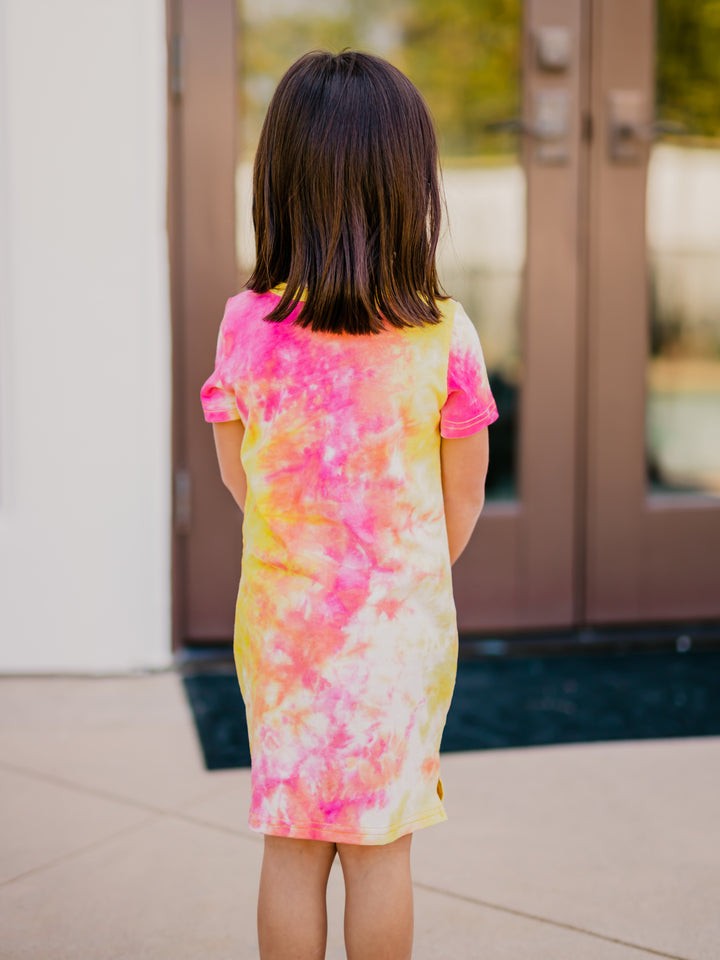 Girls t-shirt Dress - Pink/Yellow Tie Dye