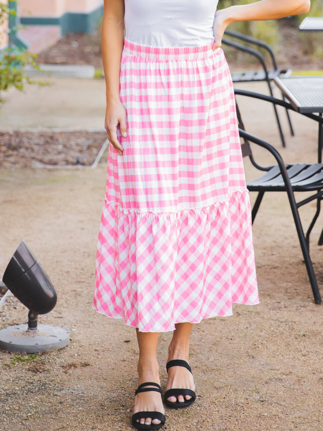 Switch Up Your Style with our Comfy Gingham Pink Midi Skirt