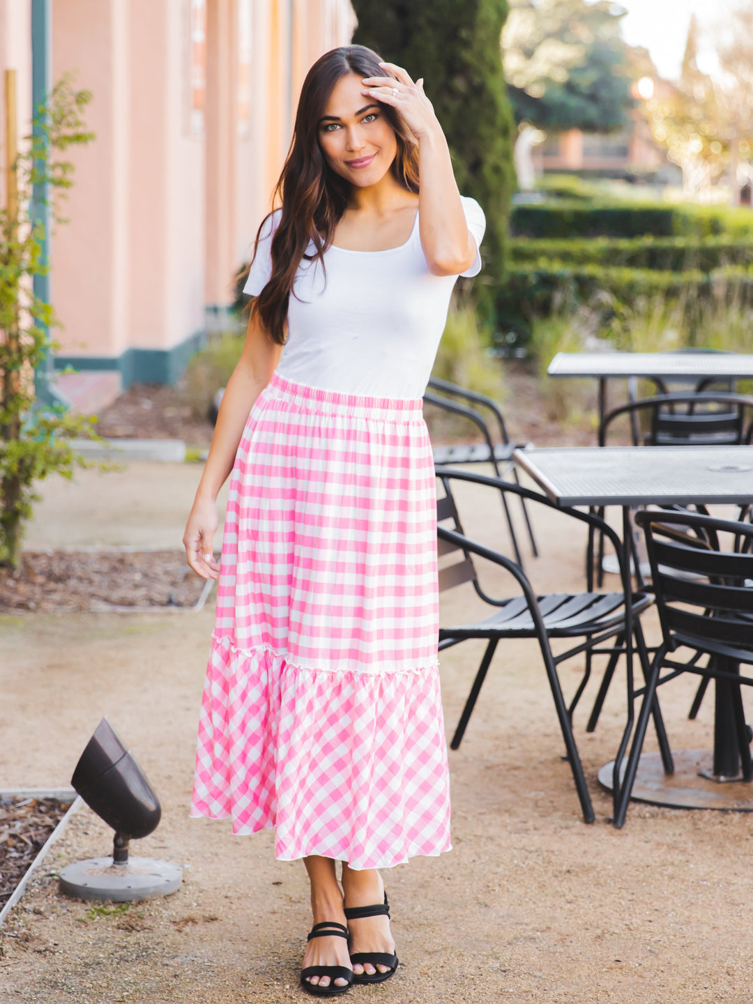Switch Up Your Style with our Comfy Gingham Pink Midi Skirt